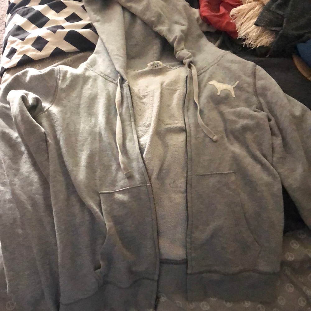 “ love pink “ light grey zip up  sweater
